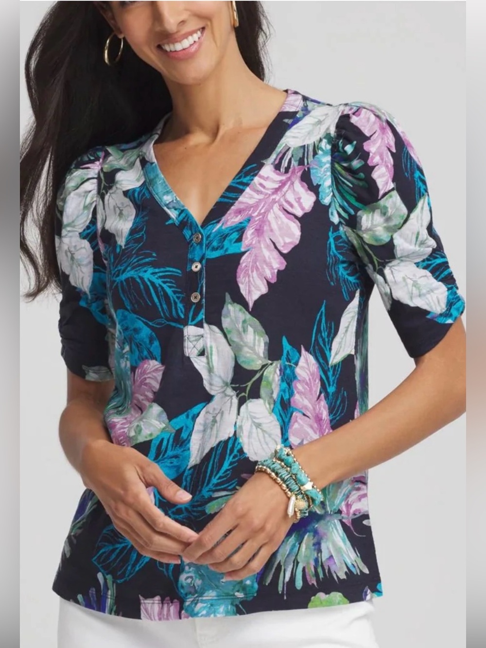 Chico's Navy Floral V-Neck Button Front Top